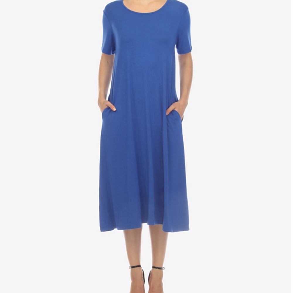 White Mark Short Sleeve Blue Midi Dress